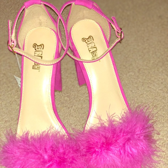 pink fur heels sandals